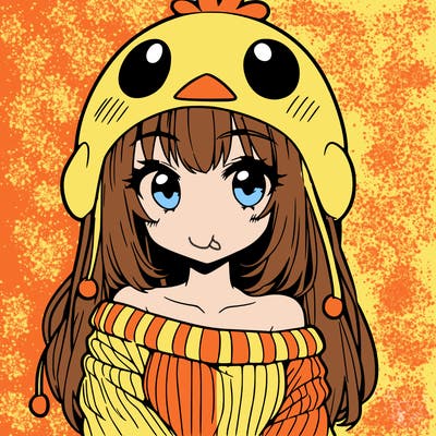 anime girl with chick shaped hat with sweater with bare shoulders with bangs covering them one eye with low tail