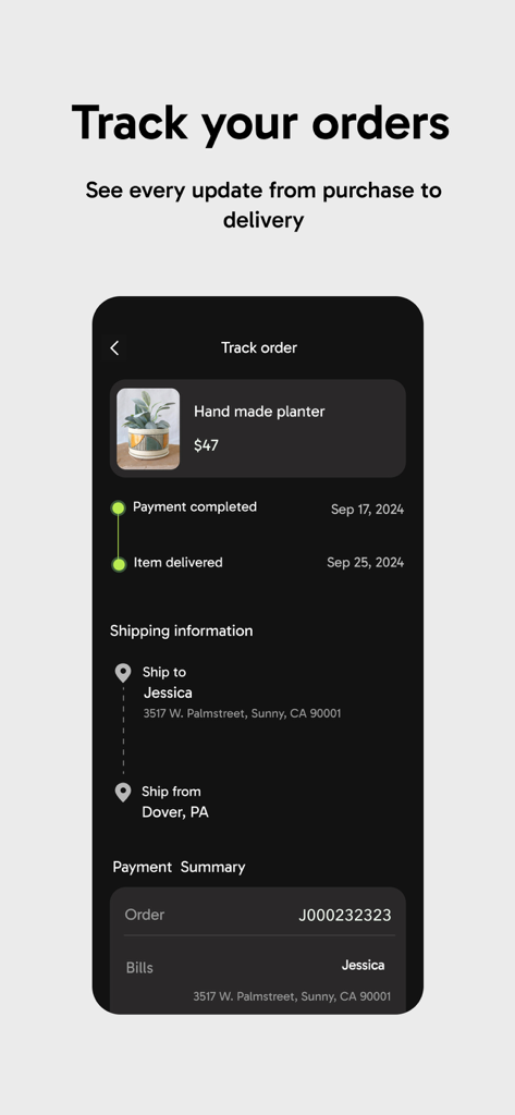 A mobile interface for tracking orders on Palmstreet showing status updates for a handmade planter from purchase to delivery.