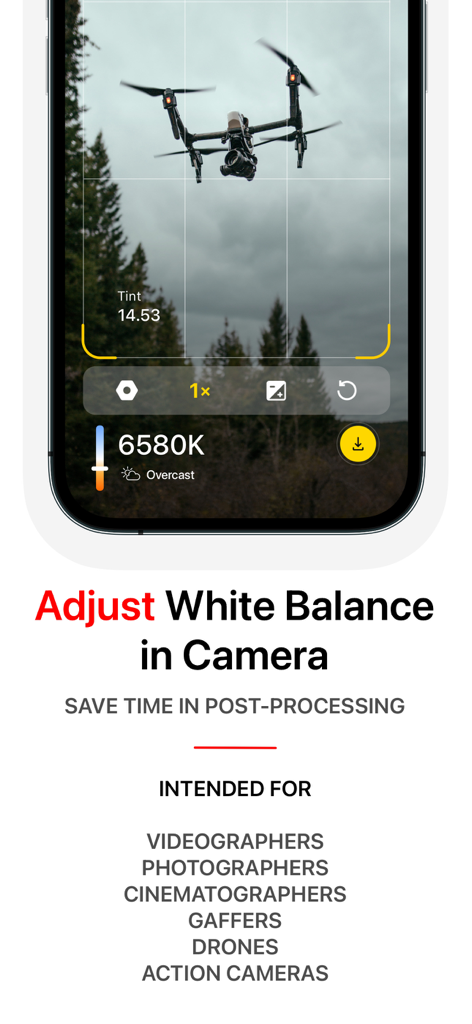 White Balance Meter AI - KEV - Interfaz de la aplicación KEV midiendo la temperatura de color en Kelvin para una toma de dron en condiciones nubladas