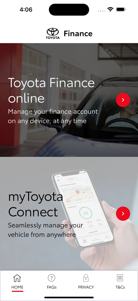 Startbildschirm der Toyota myFinance Portal App mit Optionen zur Verwaltung von Finanzkonten und Fahrzeugen