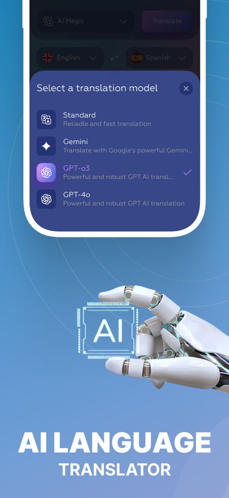 AI Voice Translator Language - Mobile app interface for choosing AI translation models including GPT and Gemini