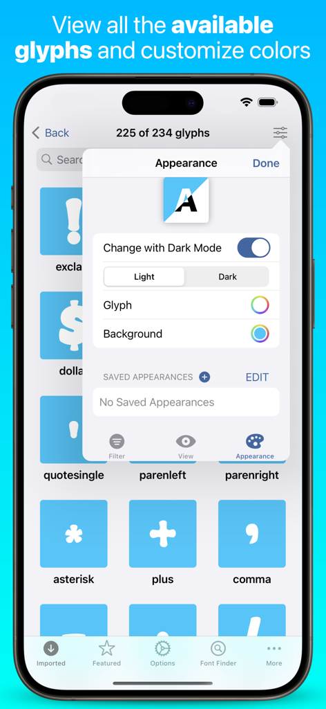 iFont: find, install any font - Visor de glifos de la aplicación iFont que muestra una cuadrícula de caracteres de fuente y un menú de configuración de apariencia para la personalización de colores.