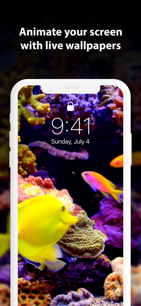 Pantalla de bloqueo de iPhone que muestra un vibrante fondo de pantalla animado de peces tropicales