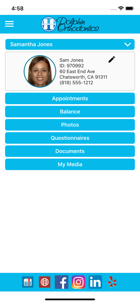 Dolphin MyOrthodontist - Patient profile dashboard in the Dolphin MyOrthodontist app showing navigation buttons for appointments and billing