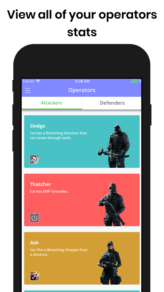 Screenshot of the R6 Stats and Maps Companion app displaying a list of Rainbow Six Siege attacking operators with descriptions.