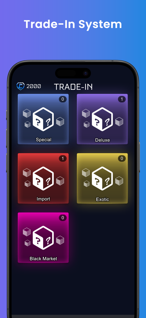 RL Drop Simulator - Trade-In System interface in the RL Drop Simulator app showing Special Deluxe Import Exotic and Black Market rarity tiers