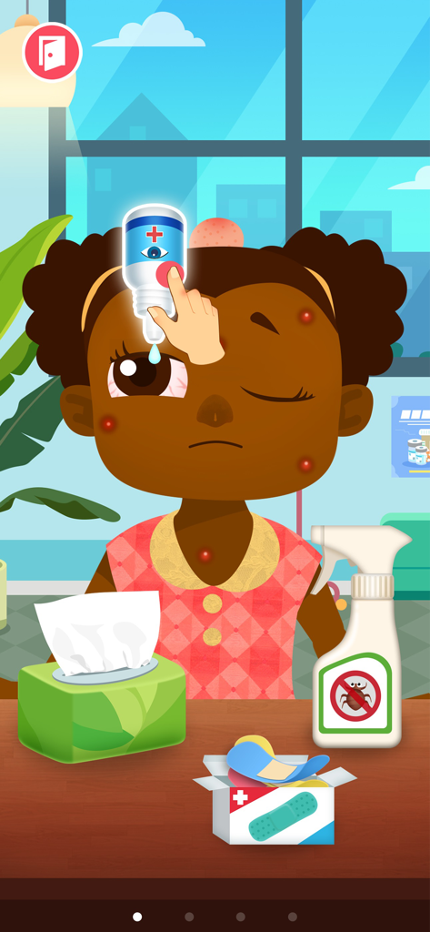 A young girl character receiving eye drops in a medical simulation game for children.
