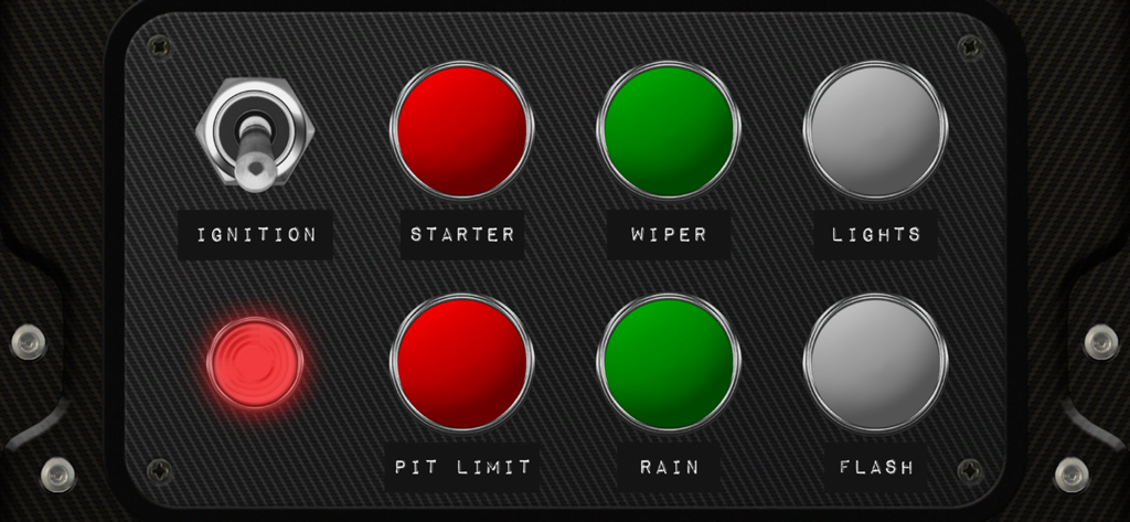 DashPanel - Interfaz de caja de botones virtual de DashPanel con un interruptor de encendido y varios botones de control de simulación de carreras