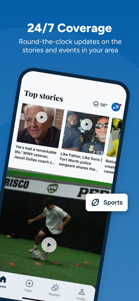 Screenshot of the CBS19 Tyler news app showing local top stories and sports coverage