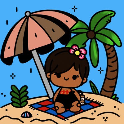 a simple clipart illustration of a baby girl under a beach umbrella and on a towel on the beach, on a white background, in vector style, with bold lines without colors and grays, featuring simple and pretty shapes, in 2d style. no shadows, no effects, no fill lines. white fill, coloring book page for toddlers