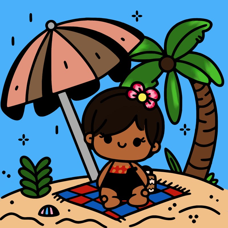 a simple clipart illustration of a baby girl under a beach umbrella and on a towel on the beach, on a white background, in vector style, with bold lines without colors and grays, featuring simple and pretty shapes, in 2d style. no shadows, no effects, no fill lines. white fill, coloring book page for toddlers