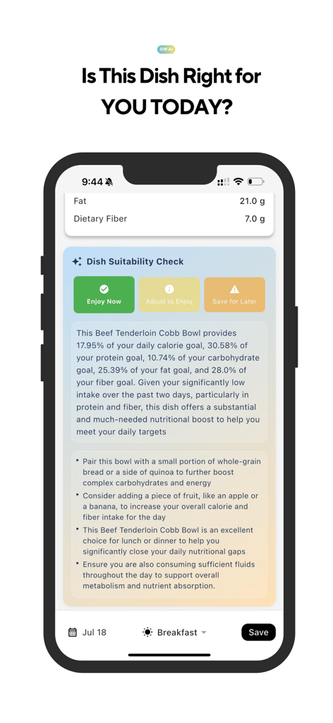 DineWell AI - DineWell AI app interface showing a personalized dish suitability check with a green Enjoy Now status and detailed nutritional analysis