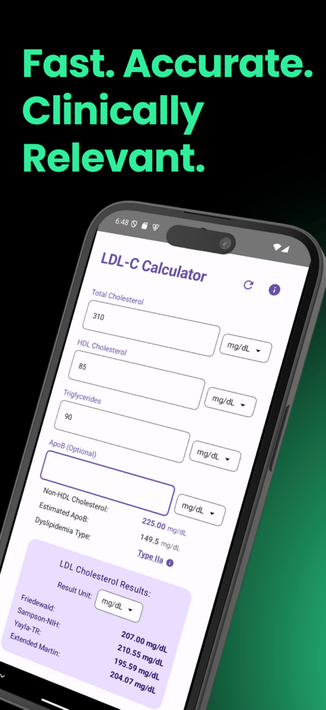 Interface do aplicativo móvel LDL-C Calculator mostrando entradas de perfil lipídico e resultados de colesterol calculados usando várias fórmulas clínicas.