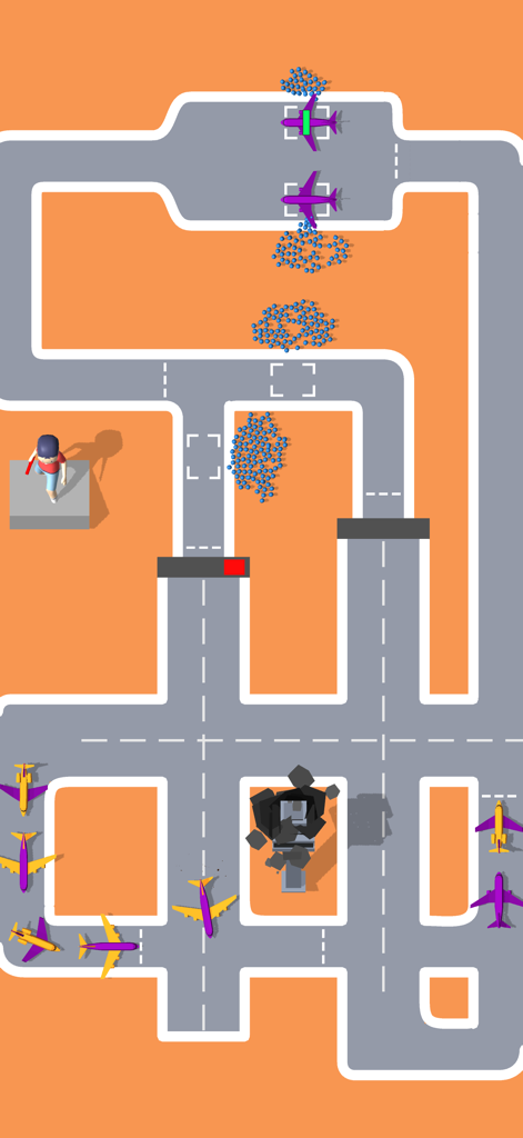 Top down view of airport tarmac management and plane traffic coordination