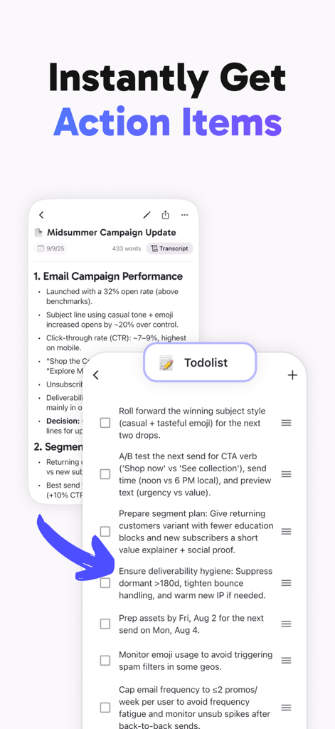 Smart AI Note Taker: CraftNote - Interface of CraftNote app showing AI-generated action items and a to-do list from a meeting note summary