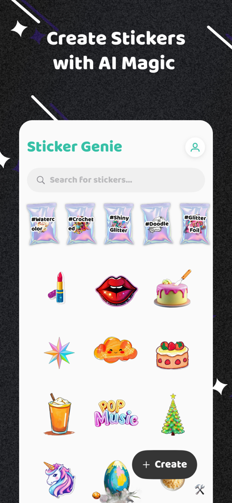 StickerGenie: AI Sticker Maker - Interfaz de la aplicación móvil StickerGenie que muestra una cuadrícula de coloridos stickers generados por IA, incluyendo un unicornio y una rebanada de pastel