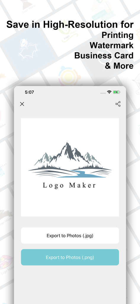 Logo Maker Logo Creator - Interfaz de la app Logo Maker mostrando opciones de exportación de alta resolución para un diseño de logo de montaña en formato jpg y png