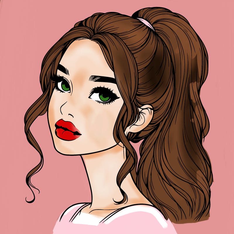 realistic girl with a ponytail on her hair and lips