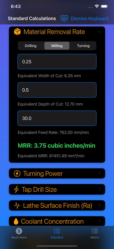 Machinist Pocket Pal app screen showing the material removal rate calculator for milling operations