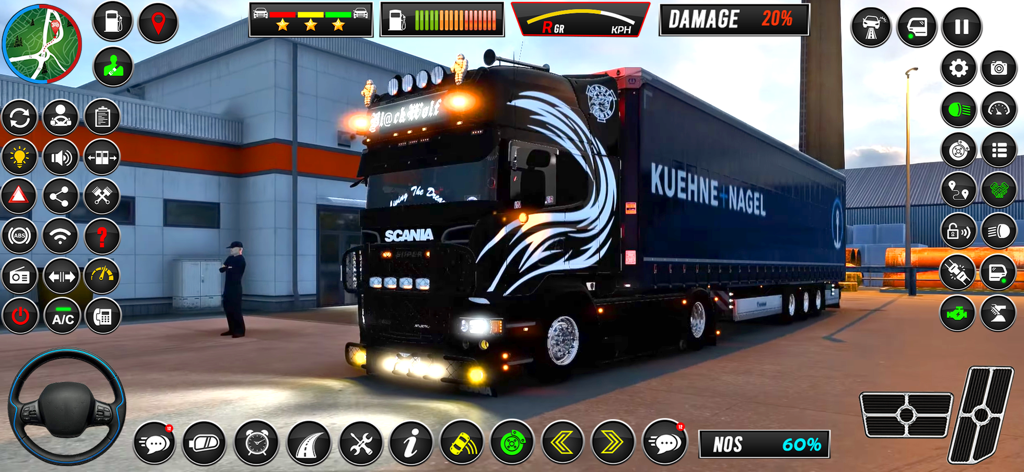 Camión Scania negro con remolque de carga e interfaz de controles del juego móvil.