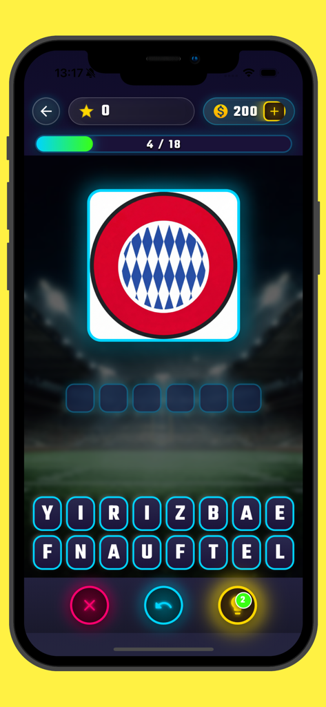 Football Quiz! Ultimate Trivia - Tela de jogabilidade do Quiz de Futebol Trivia Definitiva apresentando um quebra-cabeça de adivinhação de logo de clube com botões de letras interativos