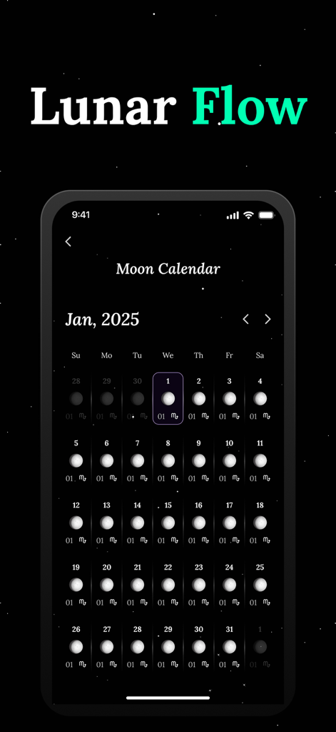 Lunaria AI - Soulmate Drawing - Calendario lunar mensual que muestra las fases lunares en la aplicación Lunaria AI