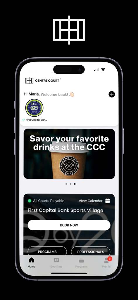 Centre Court App - Centre Court App home screen on an iPhone showing court booking options and sports club promotions