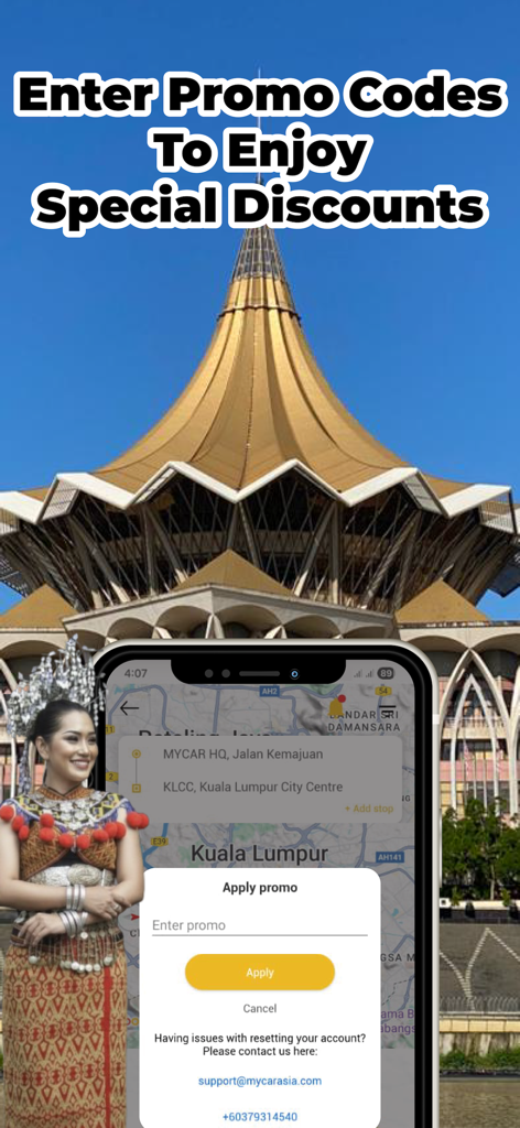 MyCar Passenger - MyCar Passenger app screen showing the apply promo code interface for ride discounts