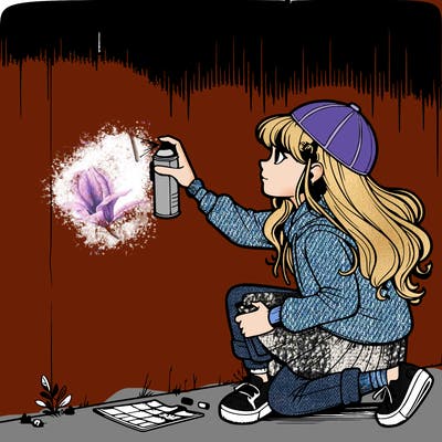 realistic girl spray panting a wall