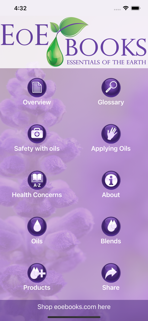 EoEbooks - Home screen of the EoEbooks app showing navigation icons for essential oils health concerns and safety guidelines.