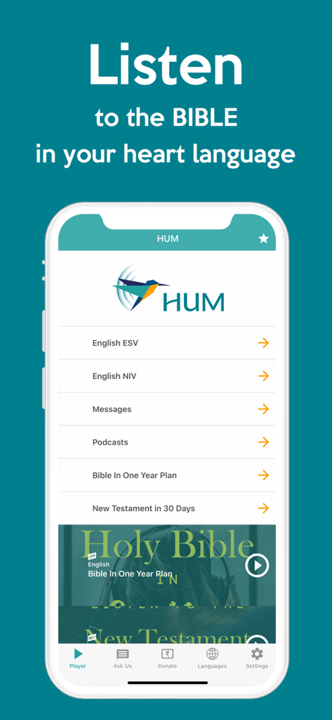 HUM Audio Bible App - HUM Audio Bible app home screen showing Bible reading plans and various audio versions