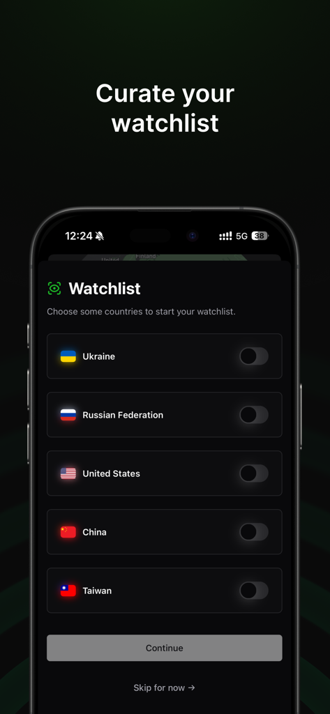 SITREP mobile app interface for selecting countries for a personalized intelligence watchlist