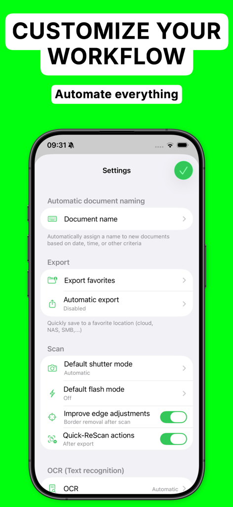 Settings screen of the QuickScan app displaying options for automatic document naming and workflow customization on an iPhone