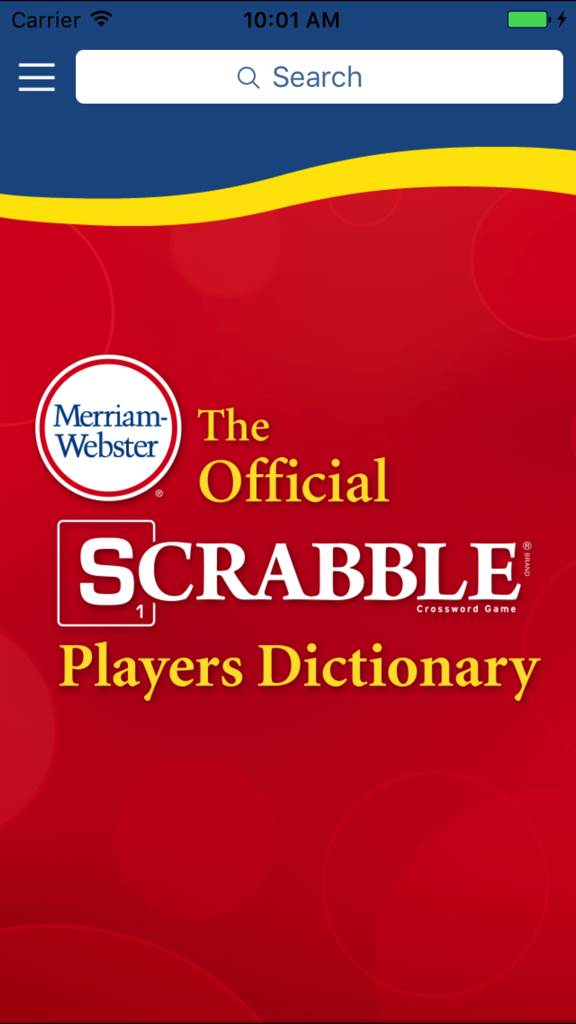 SCRABBLE Dictionary - Home screen of the Official Scrabble Players Dictionary app by Merriam-Webster featuring a search bar