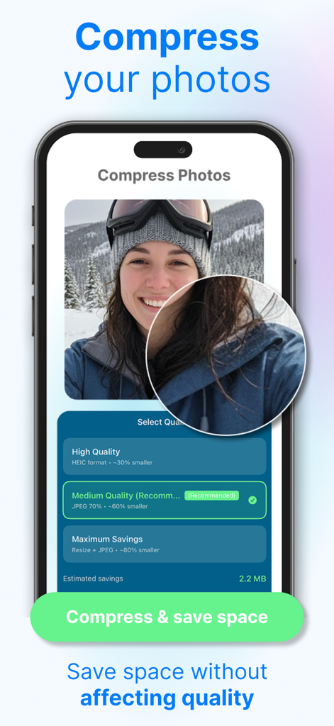 CleanBot AI: Storage Cleaner - Interfaz de la app CleanBot AI mostrando opciones de compresión de fotos para ahorrar espacio de almacenamiento en iPhone