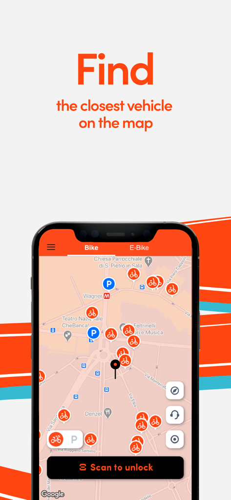 RideMovi App-Oberfläche, die verfügbare Fahrräder und Roller auf einer Stadtkarte anzeigt