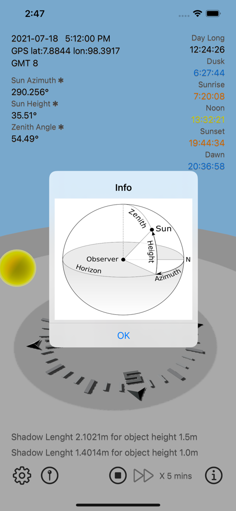 Sun Calculator app screen showing solar position data and a diagram of sun azimuth and zenith angles.