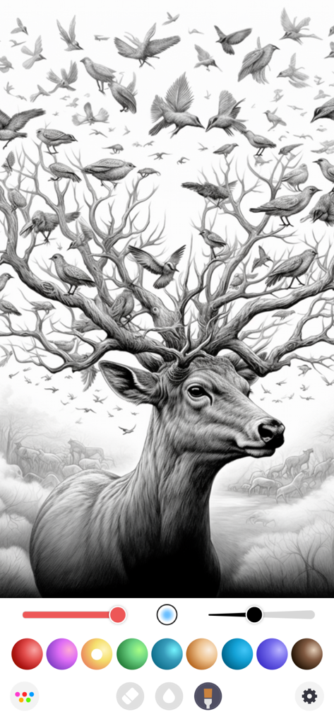 InColor: Coloring & Drawing - Un croquis détaillé en noir et blanc d'un cerf avec des oiseaux dans ses bois, en cours de coloriage avec l'interface de l'application InColor