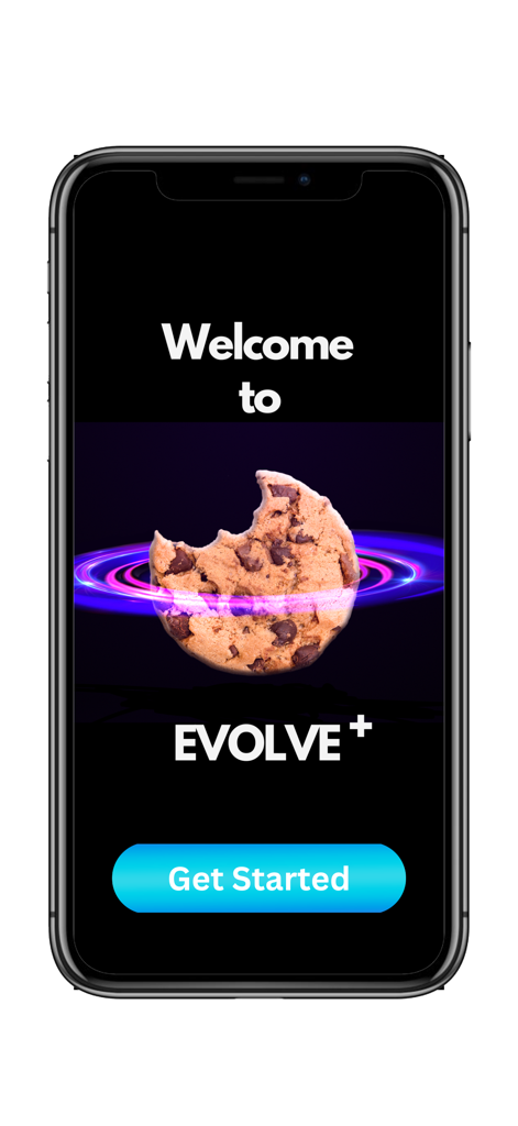 Evolve Plus - Pantalla de bienvenida de la aplicación Evolve Plus con una galleta con chispas de chocolate dentro de un anillo de energía brillante y un botón para empezar