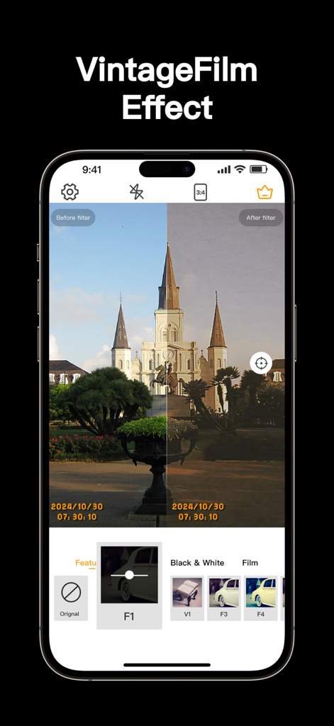 Interface of Timestamp Camera app showing a vintage film filter effect with a date and time stamp on a photo