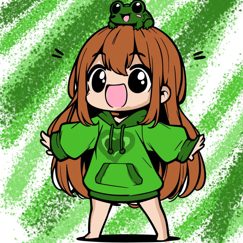 a excited chibi girl whith long hair and a baggy shirt whith a frog on there head