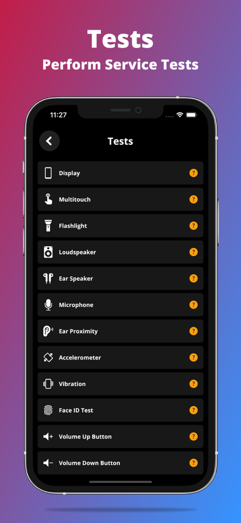 G-CPU:Monitor CPU, RAM, Widget - G-CPU app interface showing a list of hardware diagnostic tests for an iPhone