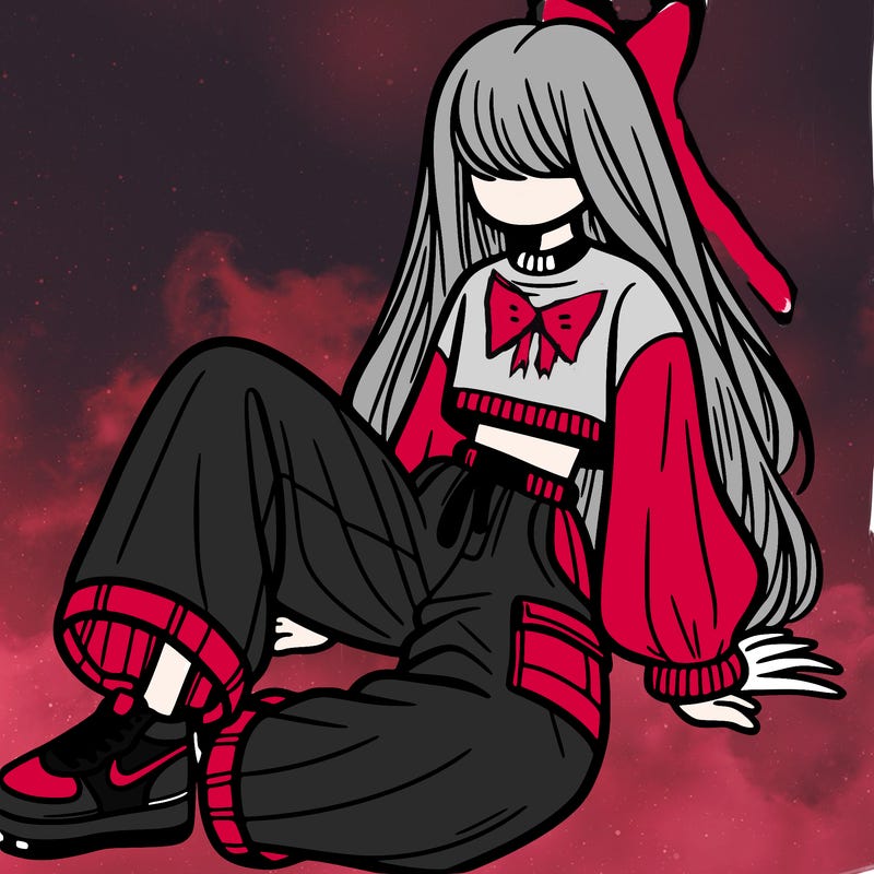 a girl with baggy pants and a crop top with long hair