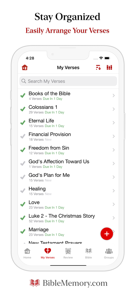 The Bible Memory App - Un elenco di raccolte di versetti biblici organizzati per argomento nell'app per memorizzare la Bibbia