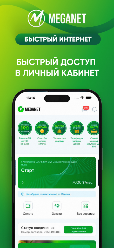 Main interface of the Meganet app showing internet plan details and service management options
