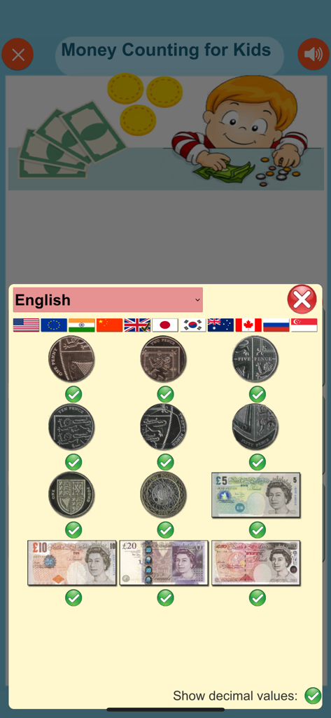 Learn Money Counting - Währungsauswahlbildschirm, der verschiedene globale Münzen und Banknoten in der Lern-App Geldzählen zeigt