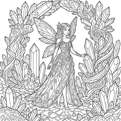 Step into a realm of dazzling beauty with this intricate Crystal Fairy coloring page designed for adults. Adorn her crystalline gown and wings as she poses gracefully amidst a shimmering landscape of gems.