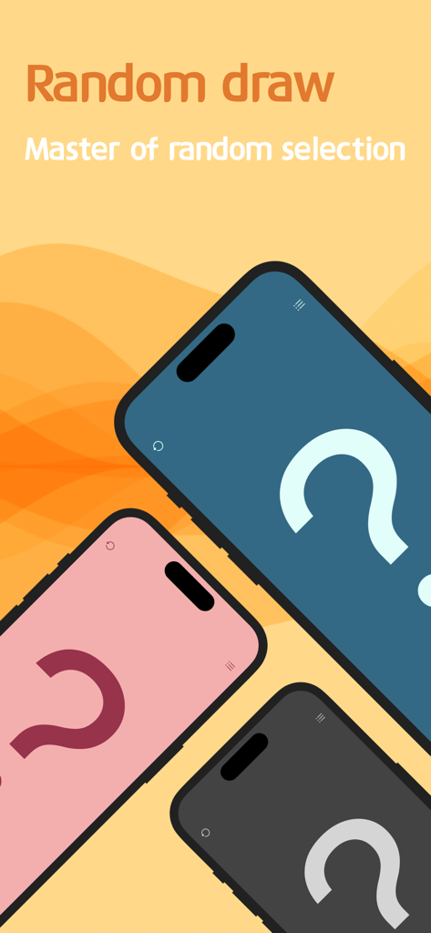 Werbung für die RANDOMI-App, die mehrere Smartphone-Bildschirme mit der Zufallsauswähler-Oberfläche in verschiedenen Farbthemen zeigt.