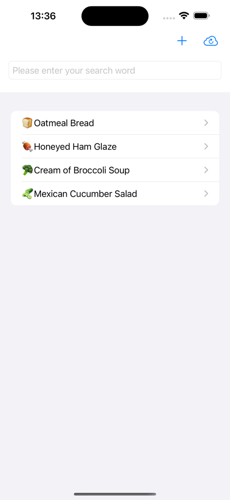 レシピ計算機 - A dashboard view showing a list of saved recipes like oatmeal bread and broccoli soup in the recipe calculator app