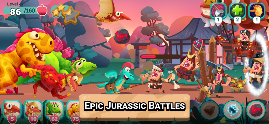 Dino Bash: Travel Through Time - A colorful side-scrolling strategy game scene where various cartoon dinosaurs battle cavemen in a prehistoric setting.
